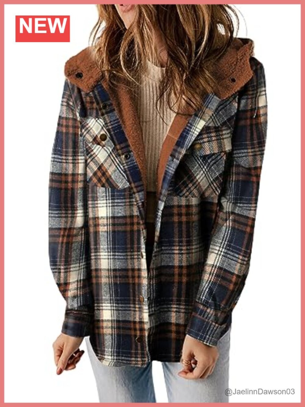 Plaid Fleece Lined Hooded Shacket Jacket Button Front Loose Fit Winter Coat